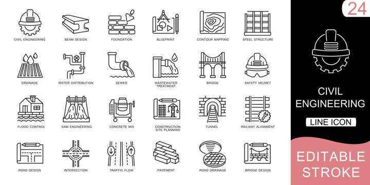 Civil Engineering Line Icons &ndash; Structural Design, Surveying, Construction and Infrastructure