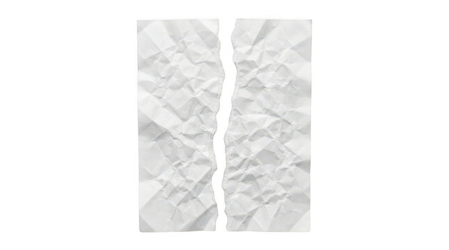 Two torn halves of white crumpled paper isolated on transparent background