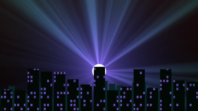 Stylized dark&nbsp;night city skyline with radiating moon light beams behind buildings seamless loop animation