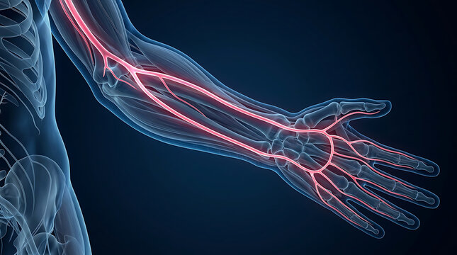 Radial and ulnar arteries anatomy medical illustration: Detailed 3D render of the human forearm blood vessels, wrist, and vascular network.