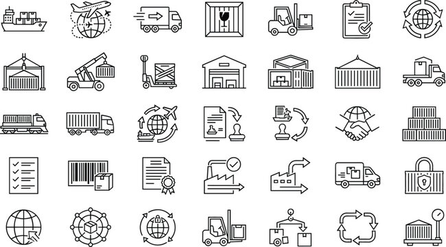Logistics and global supply chain line icons collection showing transportation freight delivery warehousing cargo shipping elements
