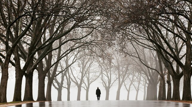 Wide avenue lined with tall bare trees framing a lone person walking through dense fog on a wet road, creating a symmetrical atmospheric winter landscape scene