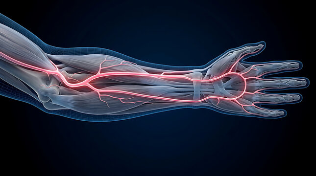 Radial and ulnar arteries anatomy medical illustration: Detailed 3D render of the human forearm blood vessels, wrist, and vascular network.