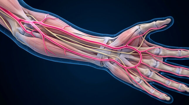 Radial and ulnar arteries anatomy medical illustration: Detailed 3D render of the human forearm blood vessels, wrist, and vascular network.