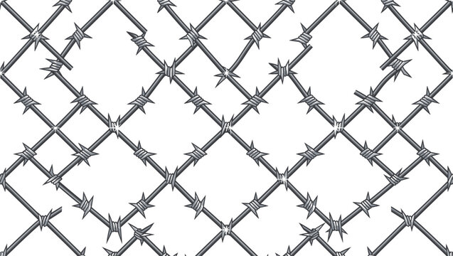 Metallic barbed wire fence texture seamless background pattern for border security and military prison wall vector illustration