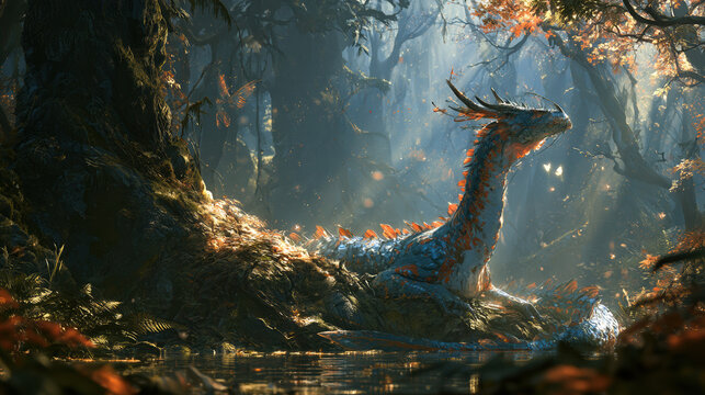 Fantasy dragon autumn forest magical mythical creature sunlight rays mist ancient trees orange leaves enchanted scene