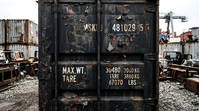 Old weathered metal shipping container standing in a busy harbor storage yard with visible peeling paint and industrial markings displaying weight capacity statistics under a grey overcast heavy