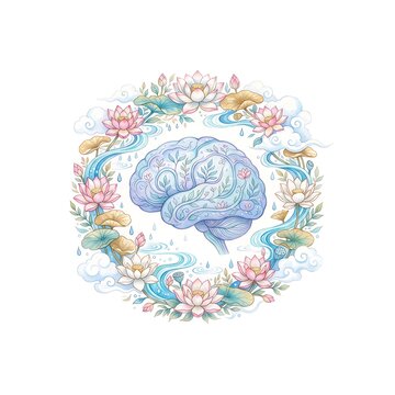 世界メンタルヘルスデーをテーマにした脳と蓮の花のイラスト、心の健康とマインドフルネスの概念