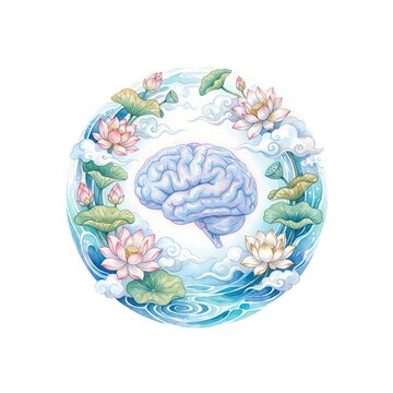 世界メンタルヘルスデーをテーマにした蓮の花と脳の水彩風イラスト