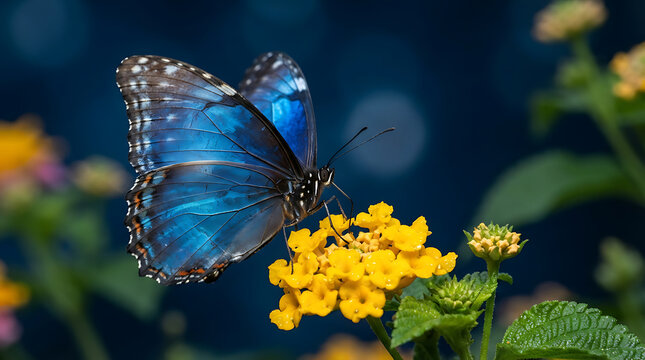 A vibrant blue morpho butterfly rests gracefully upon a cluster of yellow flowers while gathering nectar in a sunny garden sanctuary during the peak of the spring season amidst the lush green