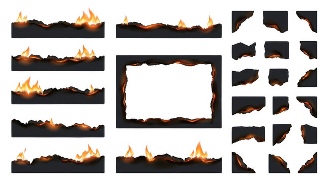 Set of vector burnt paper borders, edges and corners with fire flames isolated on transparent background
