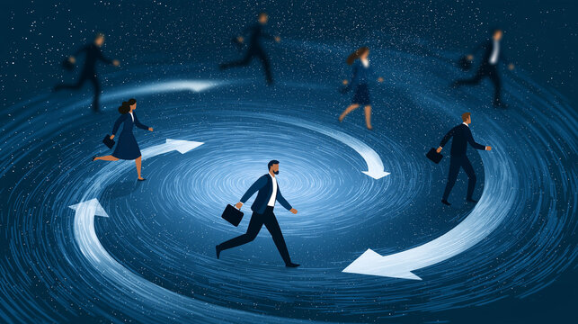 Business Vortex: A group of business people are running around in a vortex, symbolizing the fast-paced and competitive nature of the corporate world.