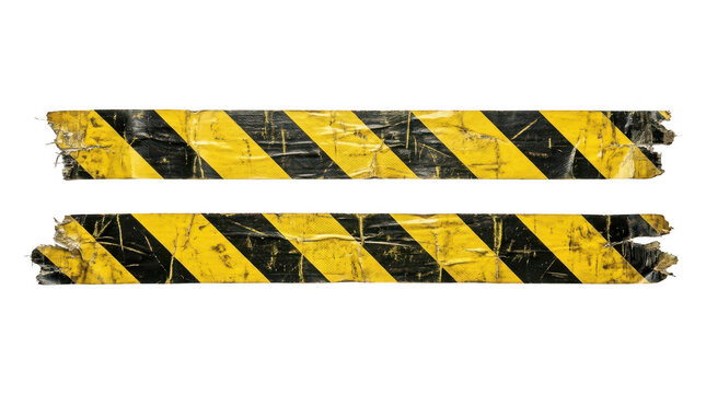 Two strips of worn yellow and black hazard warning tape with a textured surface, isolated on transparent background