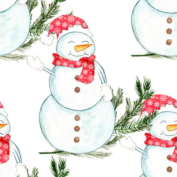 Christmas background of snowman standing in christmas landscape