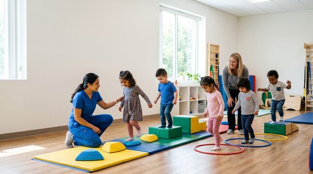 Early Childhood Obstacle Course: Children engage in a fun and developmental obstacle course activity guided by teachers in a bright and welcoming classroom setting.