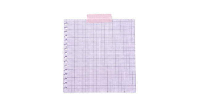 Purple checkered notebook paper sheet with binder holes and pink adhesive tape, isolated on transparent background