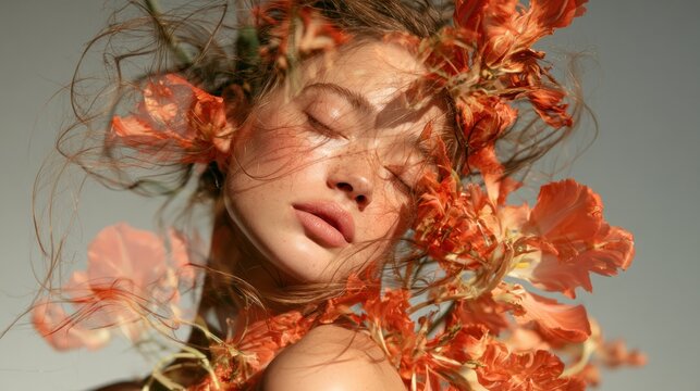 Woman with eyes closed surrounded by vibrant orange flowers and flowing hair soft natural light