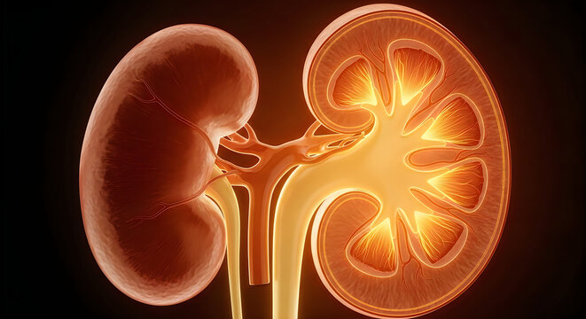 Anatomical illustration of the human kidneys and connected ureter