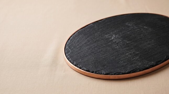 Black oval slate cutting board with copper rim resting on neutral beige fabric tabletop surface
