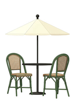 Outdoor caf&eacute; table with parasol with two green chairs isolated