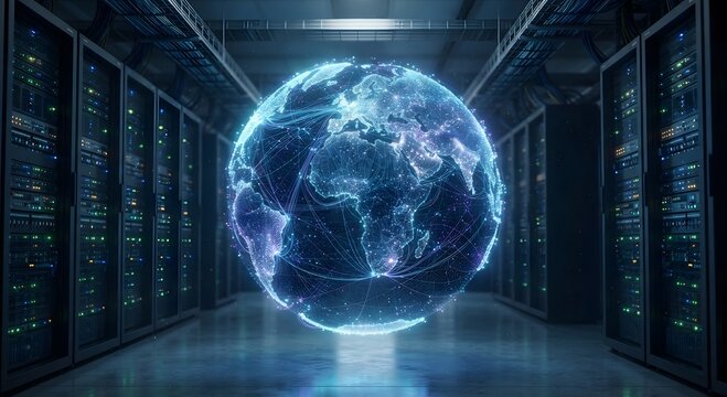 A glowing Earth globe formed from data nodes and fiber optic connections floats inside a data center, visualizing global digital connectivity and infrastructure.