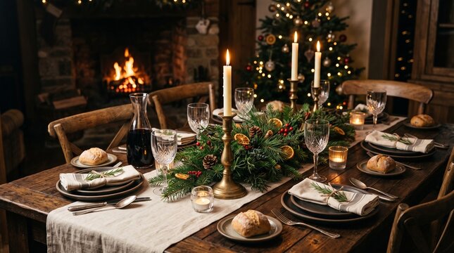 Elegant Festive Christmas Dining Table Setting With Lit Candles And A Warm Glowing Fireplace In A Cozy Rustic Holiday Home Interior