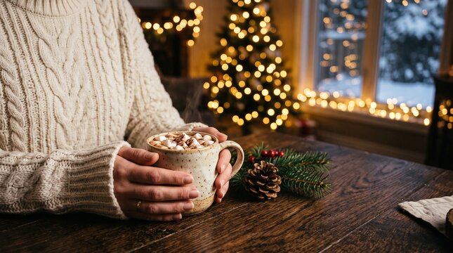 Cozy woman in a knit sweater holding a warm mug of creamy hot cocoa with marshmallows near a glowing Christmas tree at home