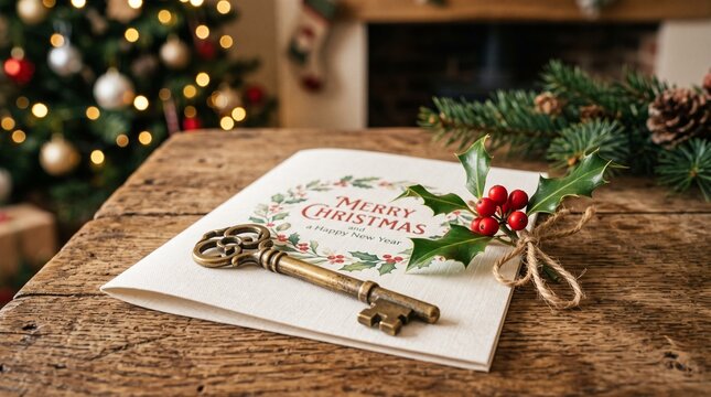 Vintage skeleton key rests on an elegant Merry Christmas greeting card decorated with holly berries on a rustic wooden table surface