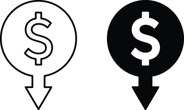Black and white dollar sign icons with downward arrows representing falling price or value