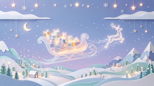 Papercraft Winter Wonderland Scene Featuring Santa Claus Flying Through A Starry Night Sky In A Glowing Reindeer Sleigh Full Of Gifts