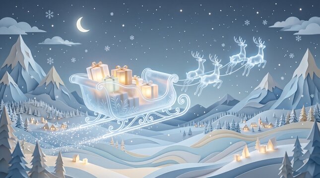 Ethereal translucent glass sleigh carrying glowing holiday gift boxes flying across a magical snow covered winter mountain landscape