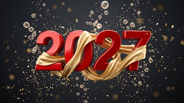 Elegant 2027 New Year Celebration Design Featuring Bold Red Three Dimensional Numerals Wrapped In Luxurious Flowing Gold Silk Fabric