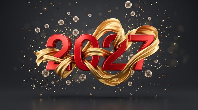 Elegant 2027 New Year greeting background featuring bold red numbers wrapped in flowing golden silk ribbons with sparkling confetti particles on dark