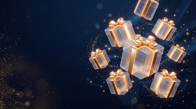 Elegant 3d Floating Translucent Gift Boxes With Golden Ribbons And Glowing Particles On A Dark Blue Background For Holiday Sales