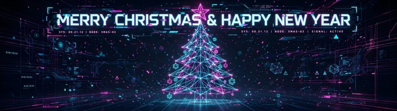Futuristic Digital Christmas Tree Composition Featuring Glowing Cybernetic Network Connections and Neon Data Particle Aesthetics for Seasonal Holiday Greetings