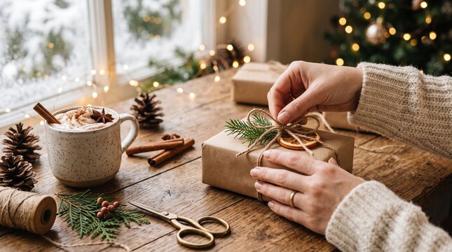 Cozy Winter Atmosphere Featuring Someone Carefully Wrapping A Rustic Holiday Gift With Cinnamon And A Warm Mug On A Wooden Table