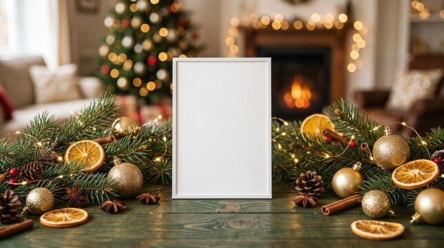 Empty Vertical White Picture Frame Standing on a Rustic Wooden Table Surrounded by Christmas Decorations with Lights and Pine Branches
