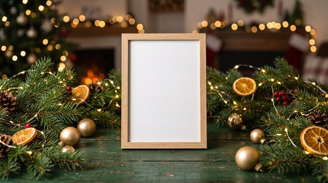 Blank Wooden Vertical Picture Frame Surrounded by Festive Christmas Pine Branches Ornaments Dried Fruit and Twinkling Fairy Lights