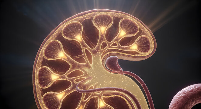 Cross-sectional view of a human kidney showcasing internal structure and nephrons