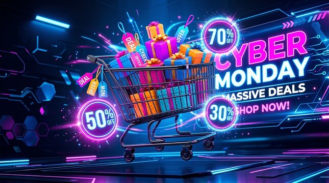 Vibrant Shopping Cart Overflowing With Festive Gift Boxes Featuring Neon Cyber Monday Promotional Discounts And Digital Marketing Elements
