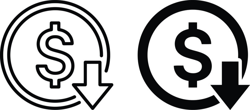 Black and white dollar coin icons with down arrows showing falling price and financial loss