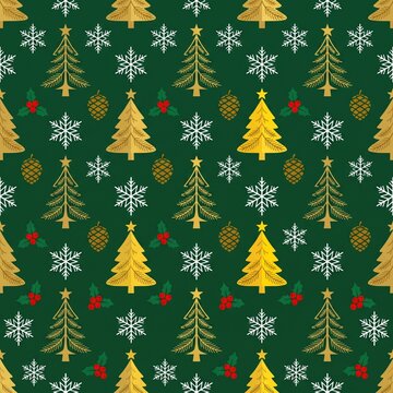 Elegant Seamless Christmas Pattern With Golden Fir Trees Snowflakes And Festive Holly Berries On A Dark Green Background Design