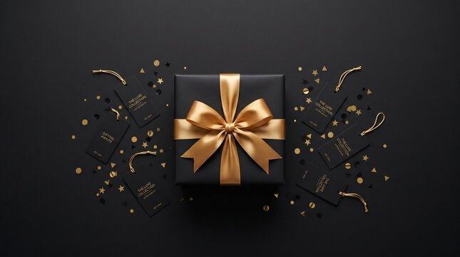 Elegant Black Gift Box with Golden Satin Ribbon Surrounded by Decorative Shopping Tags and Festive Confetti for Luxury Seasonal Promotions