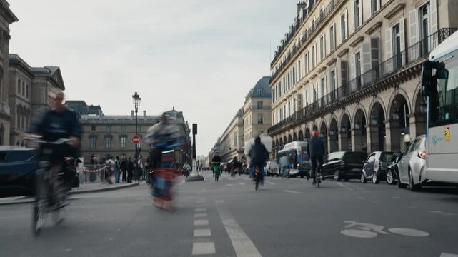 People and cars moving quickly on a busy street in paris