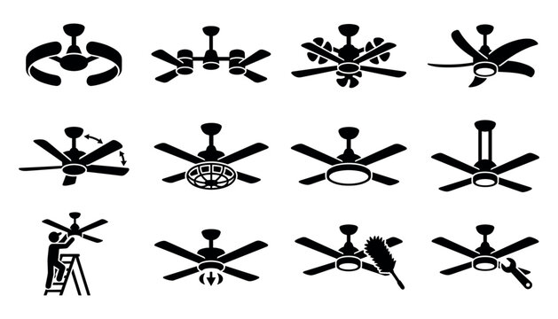 Set of ceiling fan icons, symbols and illustrations representing installation, maintenance and repair