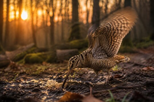 Woodcock in forest clearing during golden hour, long beak probing soil with soft focus background.