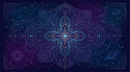 Intricate Cosmic Mandala Vector Illustration with Sacred Geometry Line Art, Crescent Moons, Saturn Planets, Constellations, and Glowing Celestial Stars Pattern on Dark Deep Space Galaxy Background © Restu