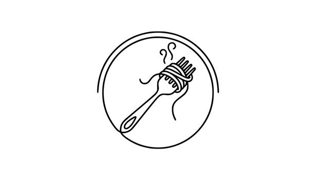 Black and white monoline spaghetti fork logo in a circle badge with pasta swirl and steam for pizzeria and Italian kitchen branding