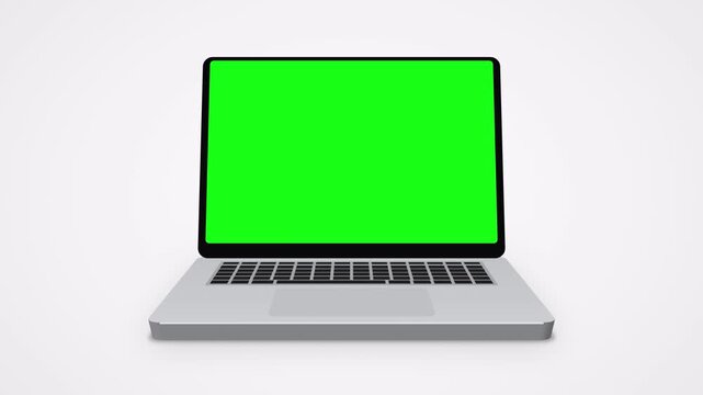 Laptop opening with green screen display on white background, camera orbits to front view, computer mockup for chroma key