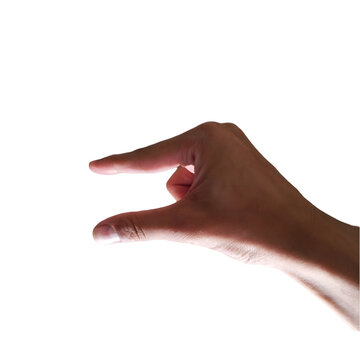 Detailed human hand pinching gesture holding something small isolated on transparent background
